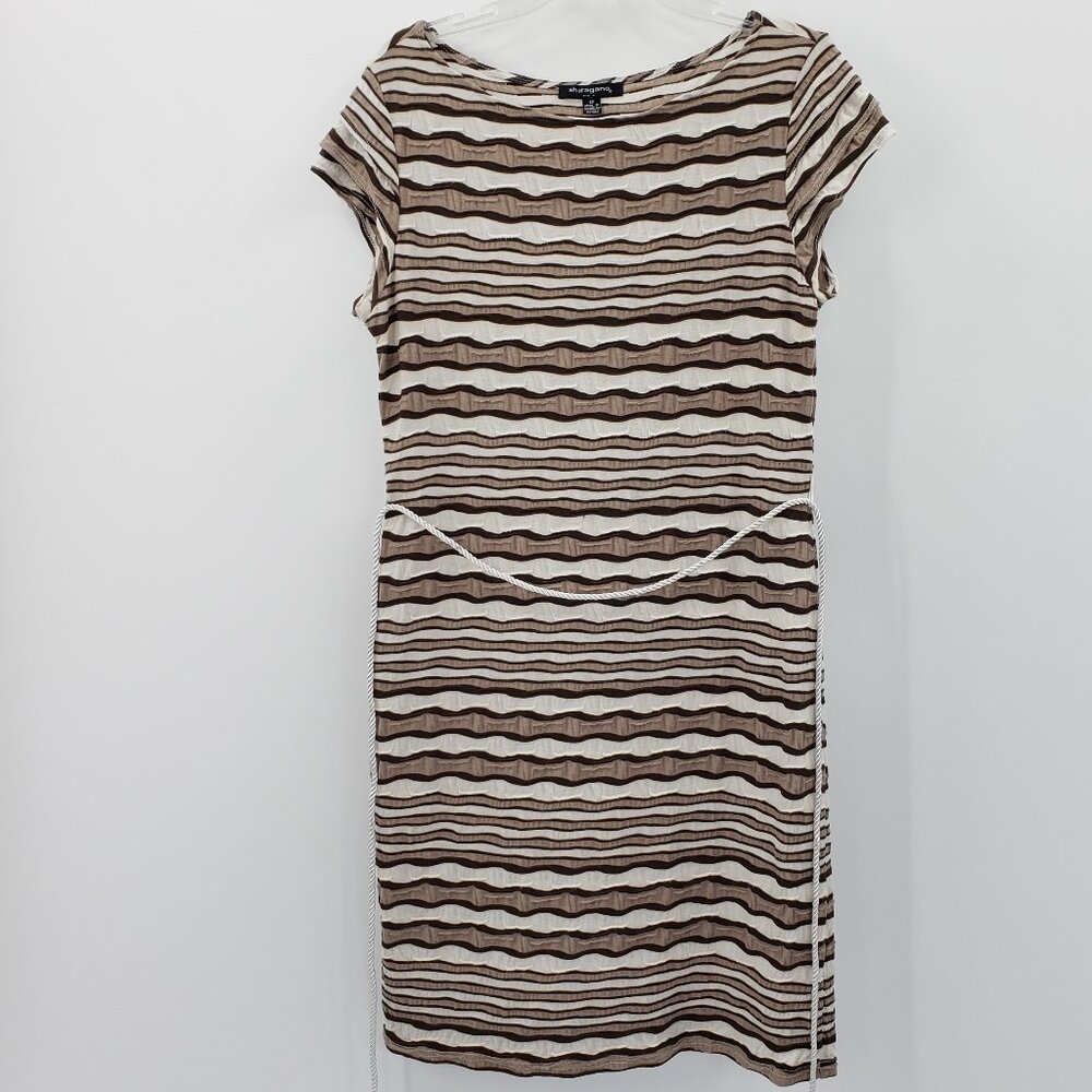 Sharagano Dress Sz 12 Ivory Taupe Wavy Textured Strpes Stretch Cap Sleeve Belted